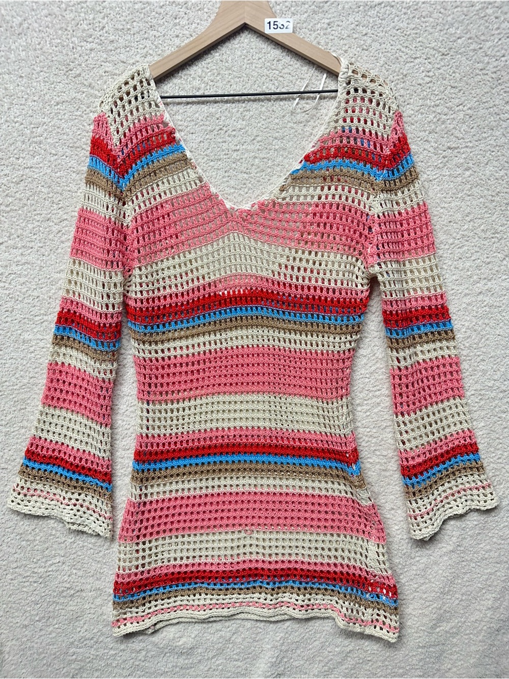 Mustard Seed Crochet Knit Cover Up Dress Bell Sleeve Beach Boho Tunic Size L - Picture 1 of 8